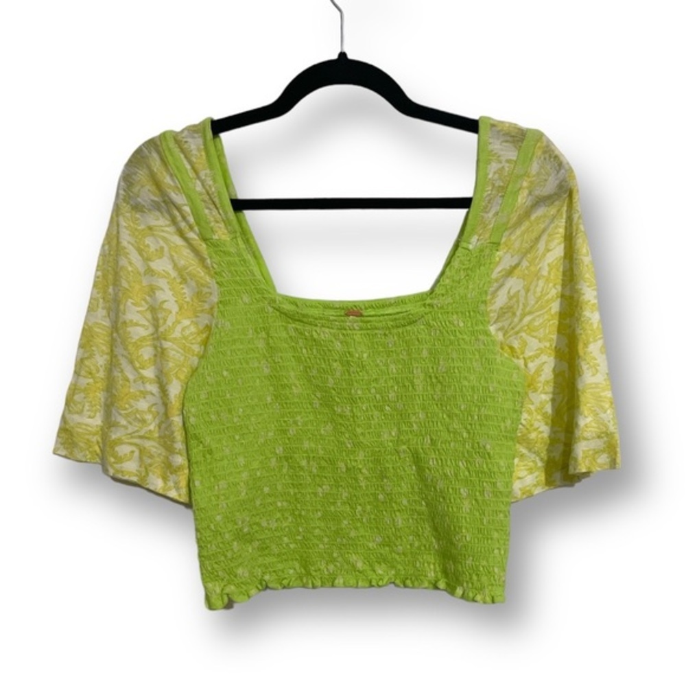 NWT free people Square Neck Contrast Short Sleeve Floral Print Smocked Top - Picture 4 of 7